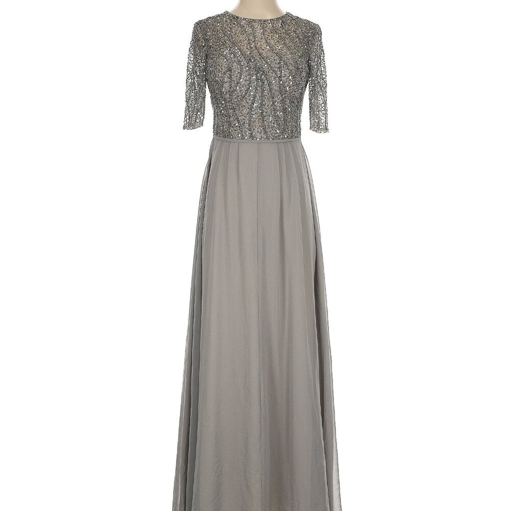Adrianna Pappel Jewel neckline Long  Formal Chiffon Dress Gray, Size 2,